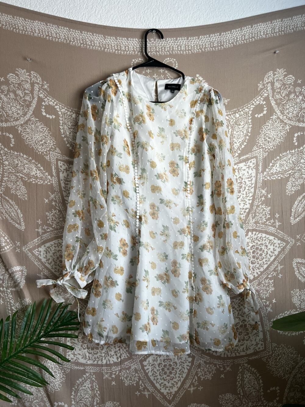 Majorelle Cream Yellow Rose Floral Puff-Sleeve Chiffon Mini Dress